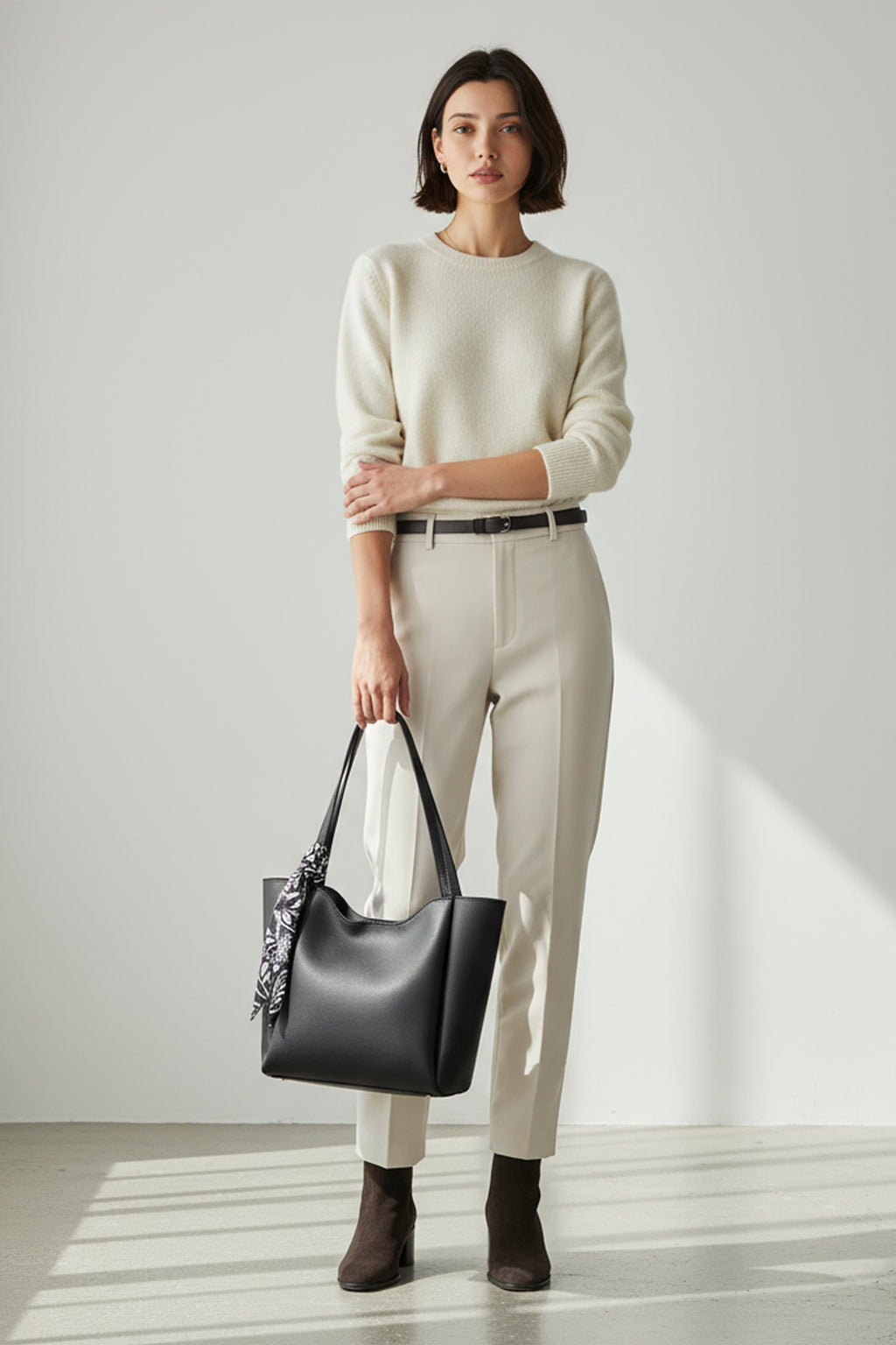 Kadın Fularlı Fermuarlı Mıknatıs Kapamalı Shopper El ve Omuz Çantası