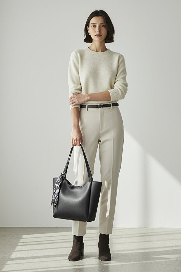 Kadın Fularlı Fermuarlı Mıknatıs Kapamalı Shopper El ve Omuz Çantası