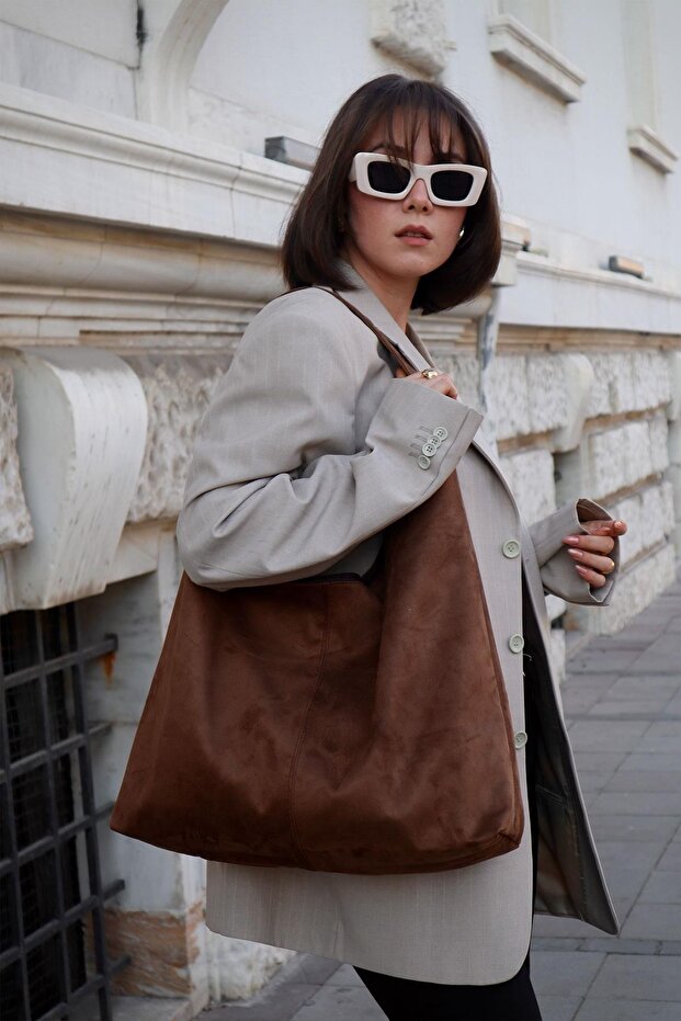 Kadın Süet Büyük Boy Omuz ve Tote Çanta - Geniş Hacim