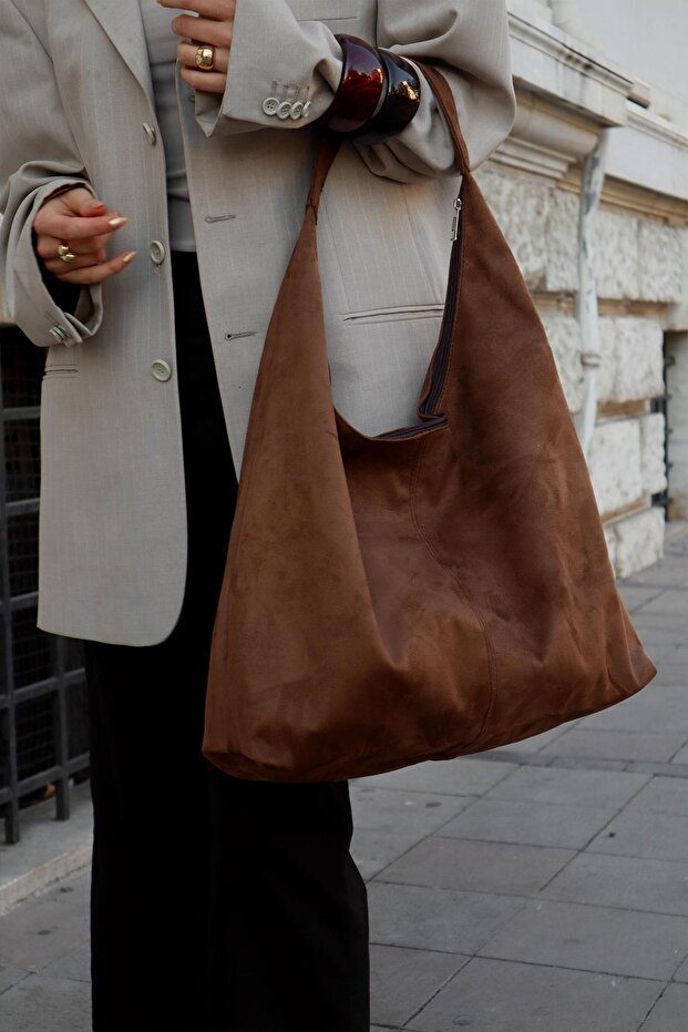 Kadın Süet Büyük Boy Omuz ve Tote Çanta - Geniş Hacim