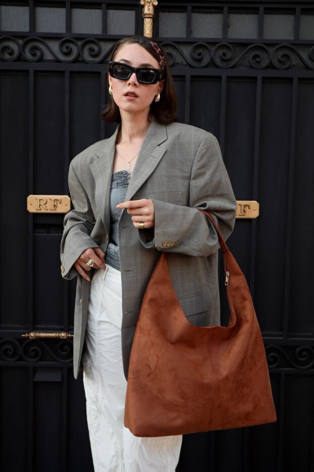 Kadın Süet Büyük Boy Omuz ve Tote Çanta - Geniş Hacim